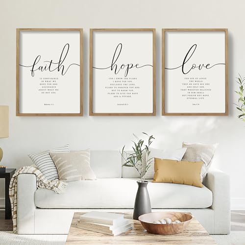 16x24 Inch Framed Religious Wall Art Set - Faith Hope Love Bible Verses Farmhouse Decor Brown Variation