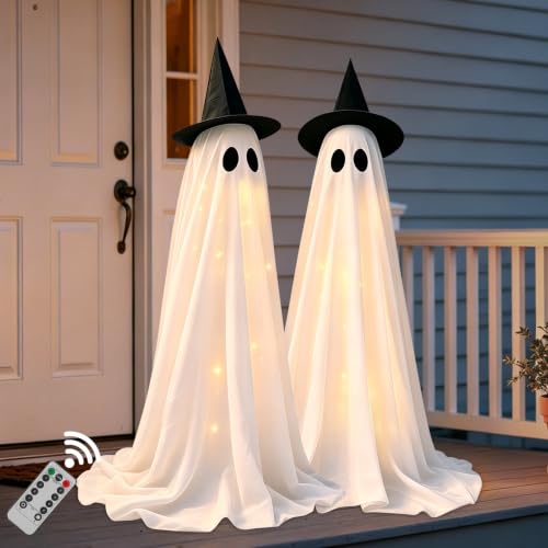 DAZONGE 2-Pack Outdoor Halloween Ghost Decorations with Remote Control - Spooky Ghosts with Lights & Stand
