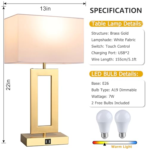 BrightWe 22-Inch Gold & White Set of 2 Touch Control Bedside Table Lamps with USB Ports - Large