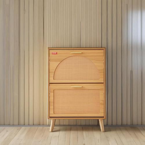 VEVOR Shoe Cabinet with 2 Flip Drawers, Rattan Doors, 6.61"D x 23.62"W x 34.53"H, Small Space Entryway Storage