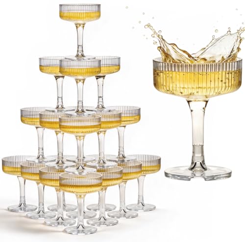 Ksestor 21-Piece Clear Plastic Champagne Tower Set - 7oz Coupes for Celebrations