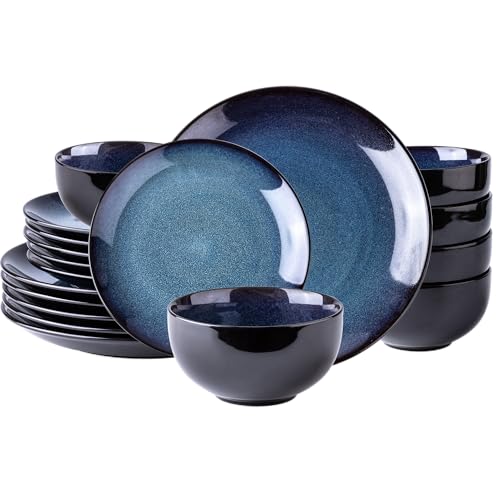 Ceramic Dinnerware Set for 6 - 18Pcs Porcelain Plates & Bowls, Dreamy Moonlight Blue