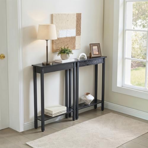 Black Small Console Table with Shelf - Narrow Entryway & Sofa Expansion