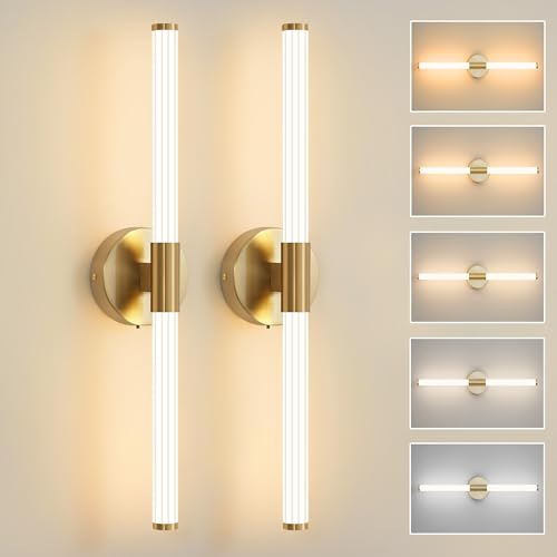 Gold Wall Sconces Set of Two - 23 Inch Hardwired LED Vanity Lights - Modern Bathroom Lighting - Variation: Gold / 23 Inch