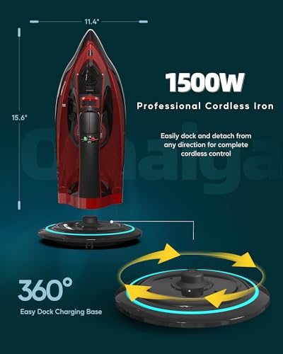 Cordless Steam Iron for Clothes - 1500W, Ceramic Soleplate, Red