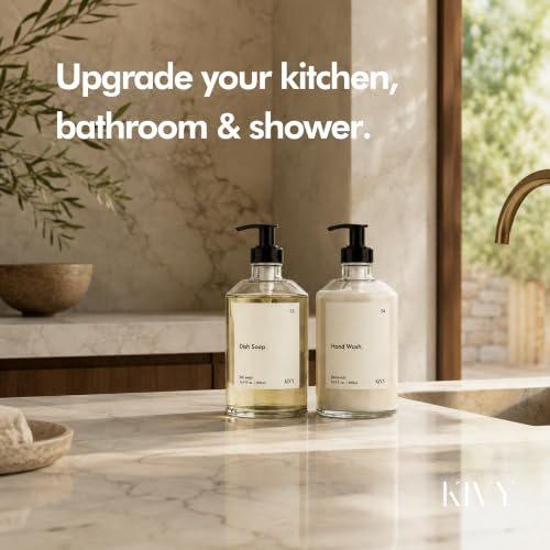 KIVY Glass Soap Dispenser Set 2X 16oz with Waterproof Labels & Pump - Bathroom & Kitchen Accessory