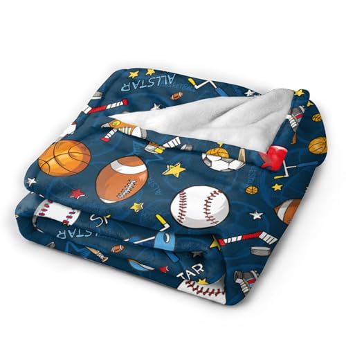 Yomko Sport Theme Throw Blanket - Baseball, Football & Basketball Design 80x60 Inch Gift for Men Women Kids