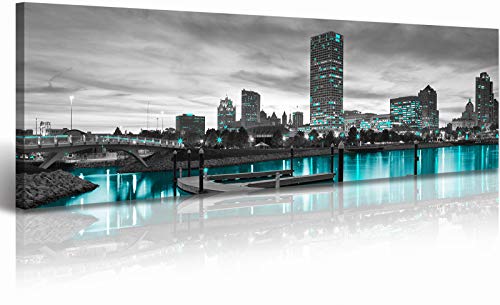Milwaukee Skyline Canvas Wall Art Decor 14x48in Framed Panoramic City