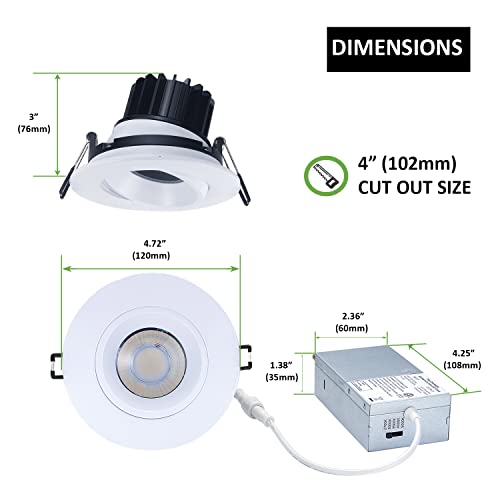 White 4 Inch Gimbal LED Recessed Lights 4 Pack - Adjustable, 1200lm