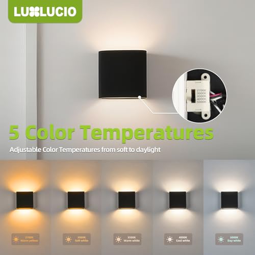 LUXLUCIO 2 Pack Black Up & Down LED Wall Lights - Waterproof Dimmable Modern Porch & Bedroom Fixture