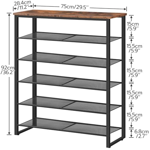 HOOBRO 6-Tier Shoe Rack with Rustic Brown & Black Finish, Large Capacity Entryway Shoe Organizer, 29.5"L x 11.2"W x 36.2"H