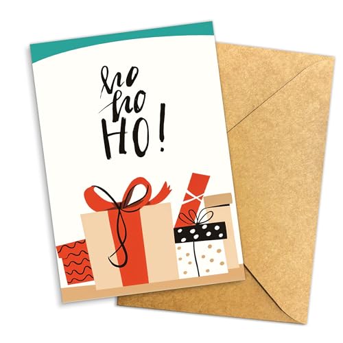 Ho Ho Ho Christmas Card with Festive Gift Box Illustration - Holiday Greeting Card for Friends & Family