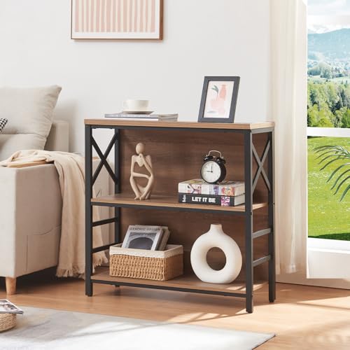 Brown 3-Tier Small Bookshelf - Industrial Metal Frame & Backboard, Rustic Compact Storage