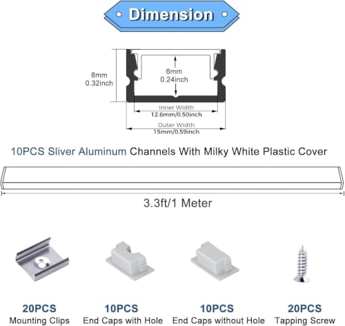 VST 10-Pack 3.3ft Aluminum LED Channel with Milky White Cover - Silver & Milky Variant