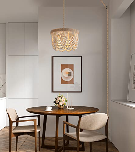 Plug-in Boho Chandelier with Natural Hemp Rope & Wooden Beads - Farmhouse Pendant Light with 14.8FT Cord, 3 E26 Bulb Bases, On/Off Switch, Natural Hemp Variation
