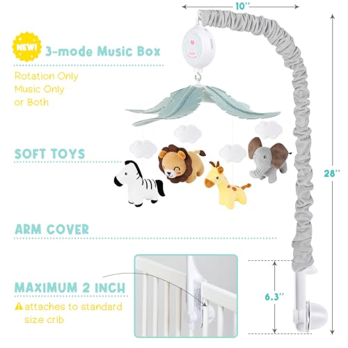 PIIKAGO Jungle Animals Safari Baby Mobile for Crib with 3-Mode Music Box - Nursery Decor Gift