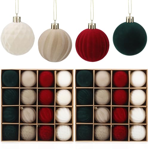 PullCrease 32 Pcs Velvet Christmas Ornaments - Mixed Texture, 2.36 Inch Flocked Holiday Decorations