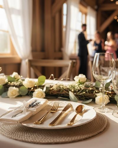 bUCLA 7.4 Inch Gold & Silver Disposable Cutlery Set 600 Pieces for Weddings & Parties