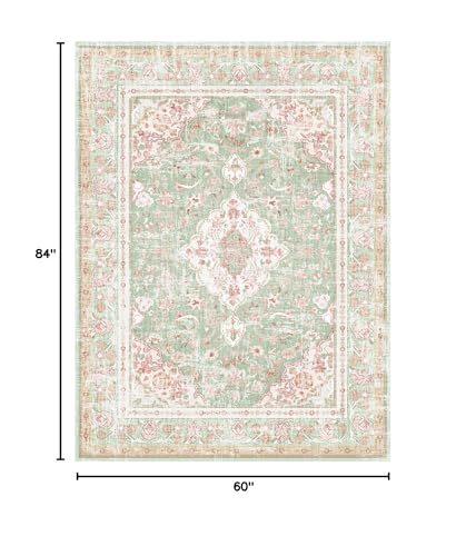 Vhong Washable Area Rug 5x7 Green and Pink Boho Vintage Modern Large Carpet for Living Room and Dining Room - Non Slip