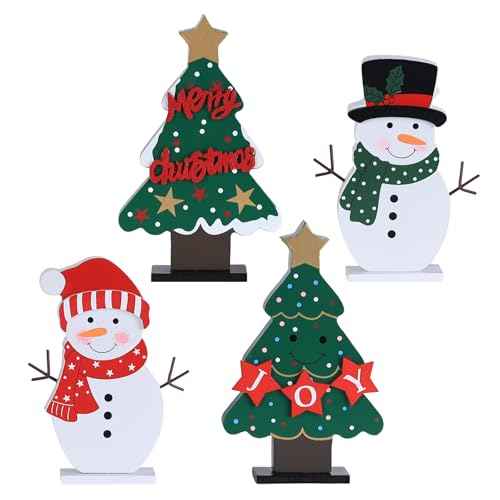 DECSPAS Christmas Decorations Indoor, 4 PCS Wood Christmas Trees & Snowmen for Centerpiece Table Decorations, Wooden Tiered Tray for Xmas Decor, Home, Winter, Tabletop, Mantel, Shelf, Gifts