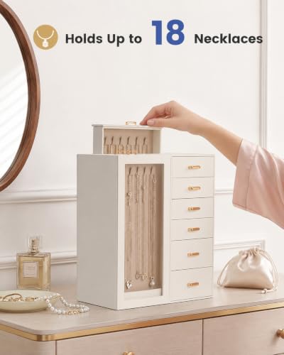 Lolalet Medium Beige Jewelry Box Organizer for Women - Holds 18 Necklaces & More