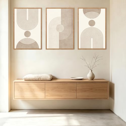 BINCUE Beige Neutral Geometric Canvas Wall Art Set of 3 16x24 Inches Mid-Century Modern Decor
