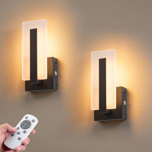 NIORSUN Black 10.2 Inch Rechargeable Wireless Wall Sconces Set of 2 with Remote, Dimmable 3-Color Temp, 10000mAh Battery for Living Room & Bedroom