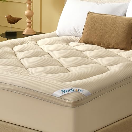 Beige King Mattress Topper - Thick Pillow Top Bed Cover, Soft Cooling Mattress Pad