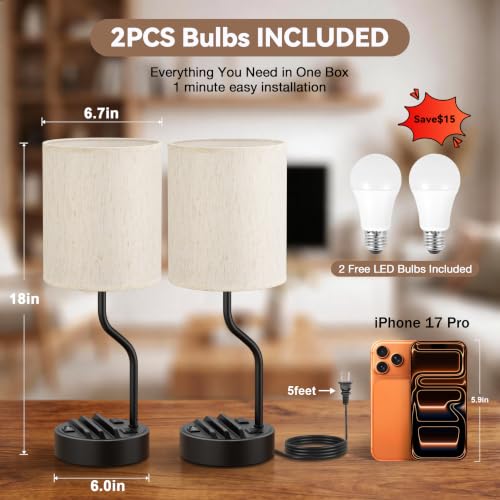 Fenmzee 18-Inch Bedside Table Lamps Set of 2 with Cream & Black Finish, USB Charging, Dimmable LED Bulb Included