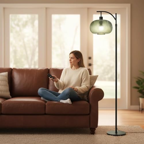 Dark Green Floor Lamp with Remote Control & Dimmable Green Lampshade - Vintage Mid-Century Modern Tall Standing Light for Living Room & Bedroom - Black+Dark Green