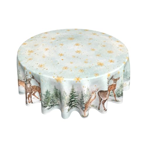 Winter Deer 60 Inch Round Tablecloth - Xmas Trees Snowflake, Water-Resistant, Spill-Proof
