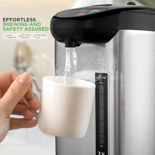 NutriChef 3.4 Quarts Insulated Stainless Steel Hot Water Urn with Auto & Manual Dispense