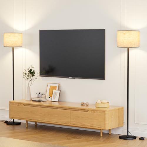 Ambimall 60-Inch Modern Floor Lamp Set of 2 Beige Shade Black Pole - Without Bulb