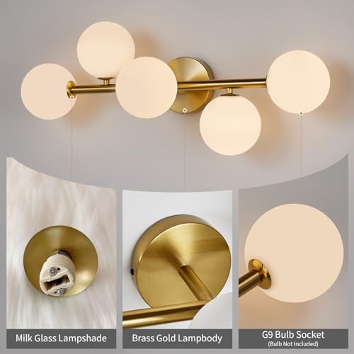 Feasey Gold Milk Glass Bathroom Vanity Light Fixtures, 5-Light Wall Sconce