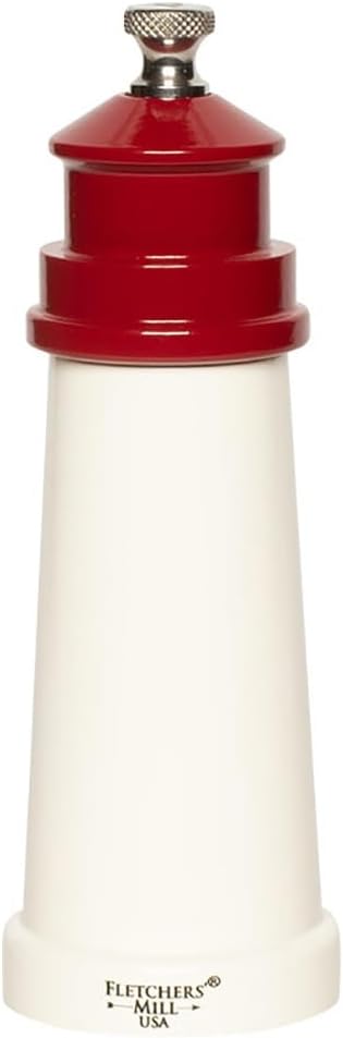 Fletchers' Mill Lighthouse Salt Mill, White/Red - 6 Inch, Adjustable Coarseness Fine to Coarse, MADE IN U.S.A.