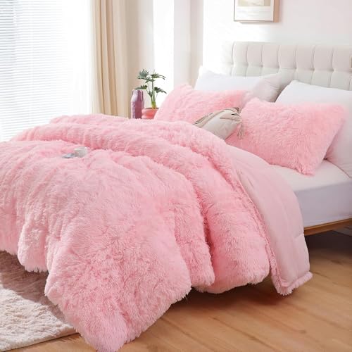 Pink Faux Fur King Size Comforter Set - 3 Pieces, Soft & Fluffy Bedding