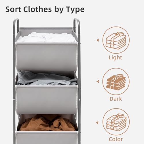 Storage Maniac 3-Tier Gray Vertical Laundry Hamper with Wheels - 120L Capacity