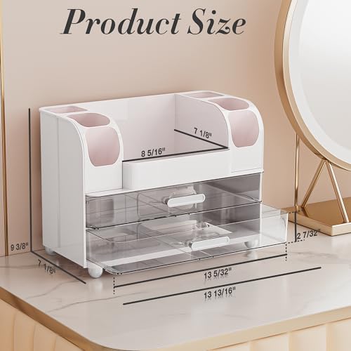 Delamu White Makeup Organizer Countertop with 6 Brush Holders — Large Vanity Storage