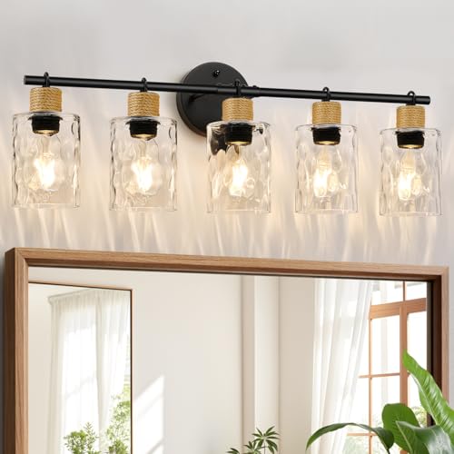MOKATNG Matte Black 5-Light Coastal Vanity Light with Crystal Glass Shades