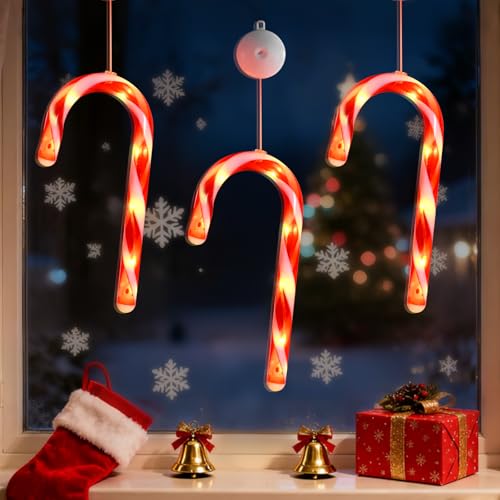 3 Pack Christmas Window Lights Decorations with Timer,Battery Powered Red Lighted Candy Cane LED Sucker for Xmas 2026 Hanging Fireplace Window Indoor Decor