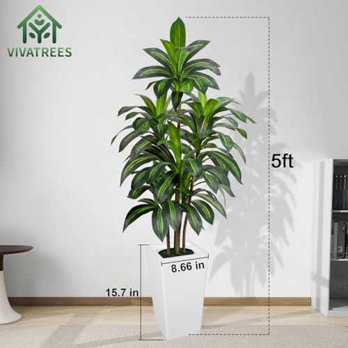 VIVATREES 5ft Artificial Dracaena Tree with White Planter - Indoor & Outdoor Faux Tree