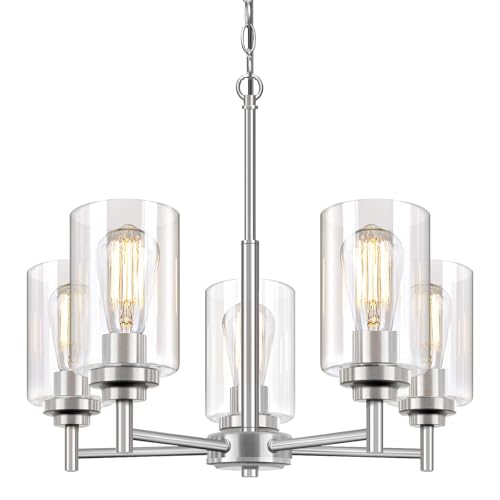 Sucolite 19.8-inch Brushed Nickel 5-Light Chandelier for Dining Room - Modern Farmhouse Pendant Lighting