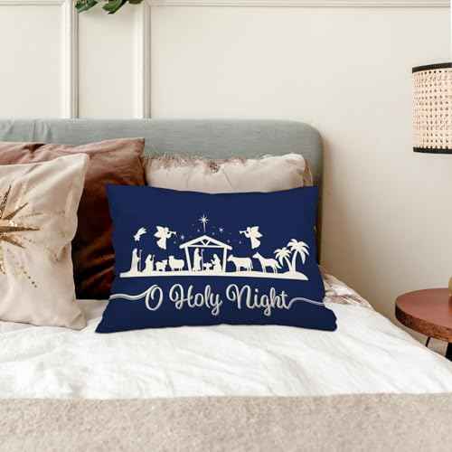 kdqua Blue Christmas Pillow Covers 12x20, Merry Christmas Jesus O Holy Night Cross Joy Star of Bethlehem Xmas Decorations Throw Pillow Covers, Seasonal Winter Cushion Case for Bedroom