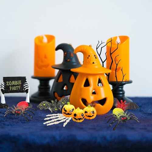 ZXSWEET Halloween Village Accessories Set Miniature Figurines Fake Tree Branches Skull Tree Demon Resin Pumpkin Fake Spiders Bat Hand for Halloween Party Decorations