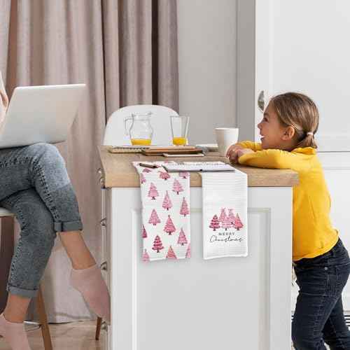 Pink Christmas Tree Kitchen Towels and Dishcloths Set of 2, Pink Christmas Decor, Pink Dish Towels, Merry Christmas Decorative Hand Towels for Bathroom Kitchen Girls Dorm Room, 16¡¿24 Inches