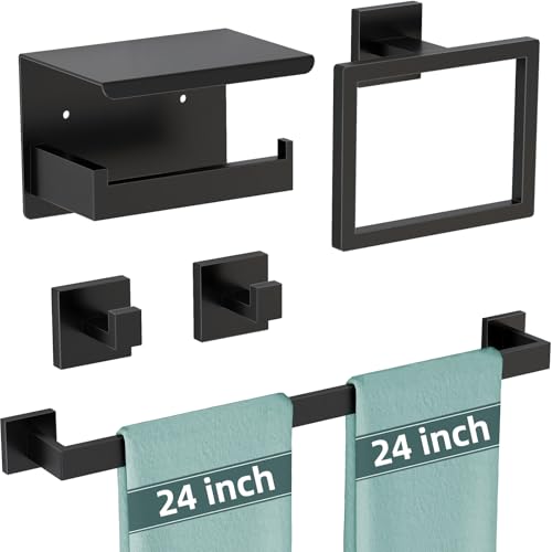 Black 24 Inch 5-Piece Bathroom Hardware Set - Towel Rack, Ring, Hooks & Toilet Paper Holder