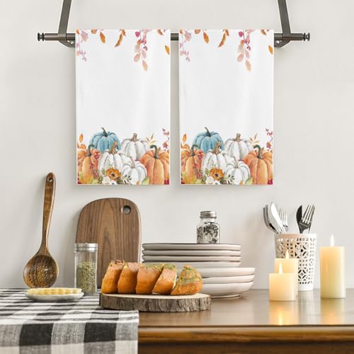 Fall Pumpkin Hand Towels Set of 2, Autumn Maple Leaves Boho Floral Thanksgiving Harvest Soft Absorbent Small Bath Towel Kitchen Dish Guest Towel for Bathroom Hotel Gym Spa