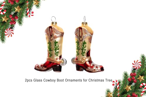 Set of 2 Hand Blown Glass Cowboy Boot Christmas Ornaments for Holiday Tree Decor