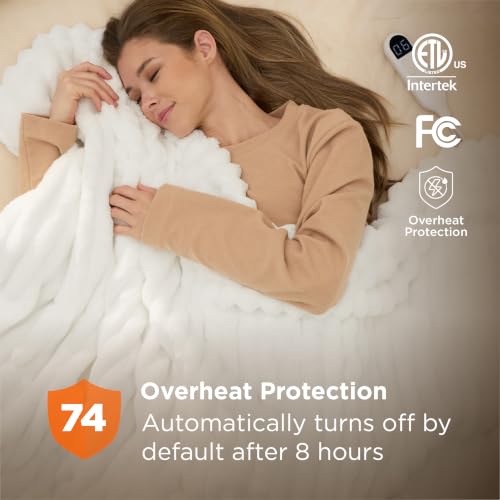 Full Size Heated Blanket - White, 6 Heat Levels & Auto Shut-Off, 72x84 inches, Fast Heating