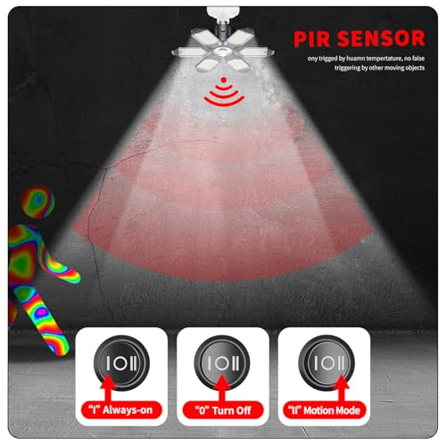 Screw-in LED Garage Light with Motion Sensor - 200W Deformable Ceiling Shop Lights, 20000LM, 2 Pack